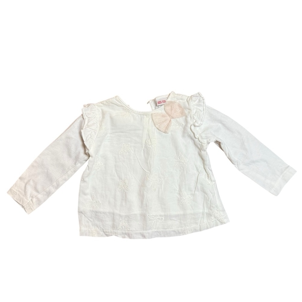 Zara Baby Girl White Long Sleeve Top Ruffle Shoulder Bow Detail-Size 6/9 Months